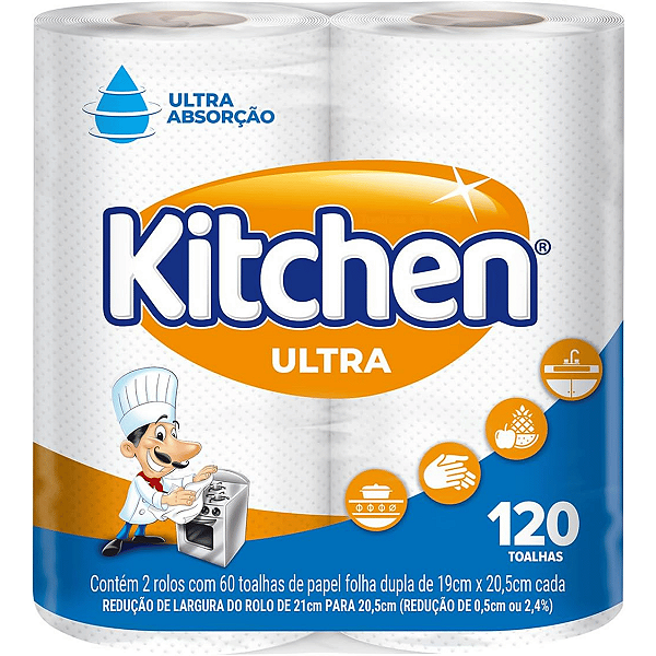 Papel Toalha Folha Dupla 120 Folhas Toalha de Papel Kitchen 2 Rolos com 60 Folhas Cada