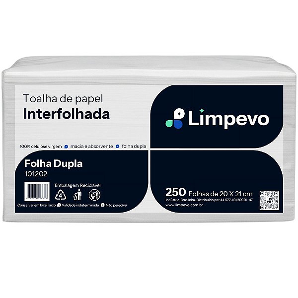 Papel Toalha Interfolhado Folha Dupla 250 Folhas Limpevo Toalha de Papel 20x21cm