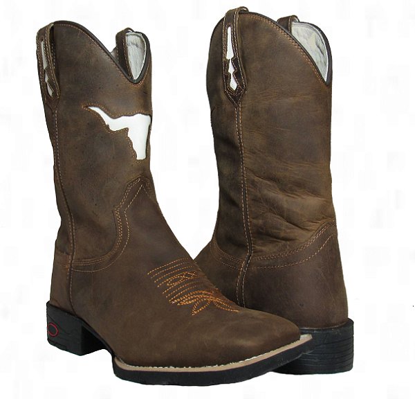 Bota Texana Crazy Horse Brown Sola Preta Bico Quadrado