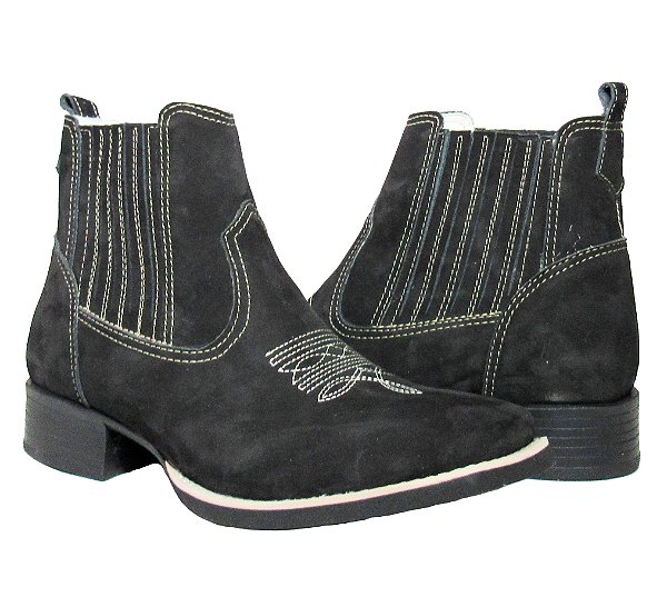 Botina Texana Nobuck Preto Sola Preto Bico Quadrado