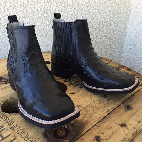 Botina Texana Estampa Avest Preto Sola Preto Bico Quadrado