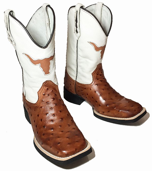 Bota Texana Estampa Avest Pinhão Cano Boi Branco Sola Preta Bico Quadrado