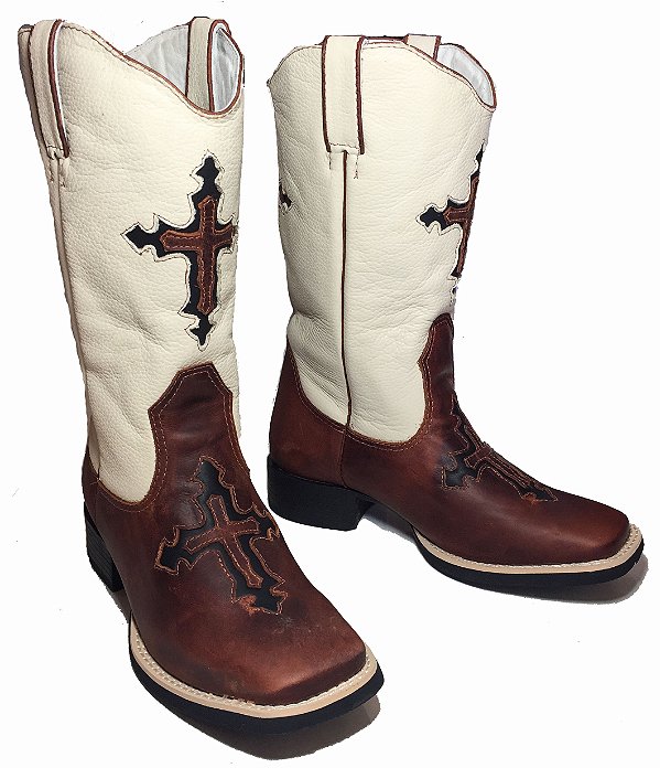 Bota Texana Fossil Cruz Cano Creme Cruz Sola Preta Bico Quadrado