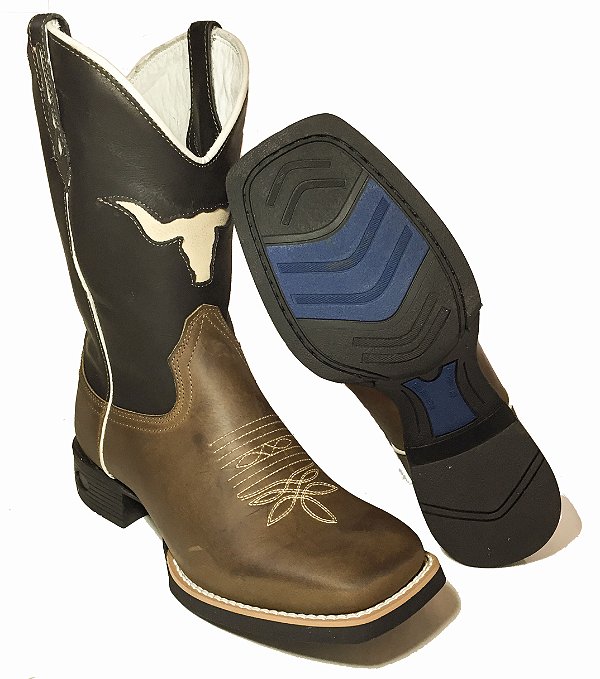 Bota Texana Crazy Horse Cano Boi Preto Sola Preta Bico Quadrado