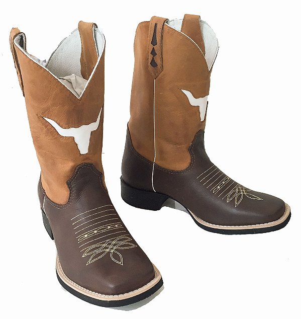 Bota Texana Dallas Cano Boi Camel Sola Preta Bico Quadrado