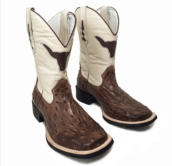 Bota Texana Estampa Avest Café Cano Boi Creme Sola Preta Bico Quadrado