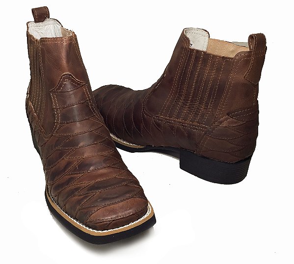 Botina Texana Escamada Brown Sola Preto Bico Quadrado