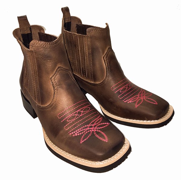 Botina Texana Feminina Brown Café Rosa Sola Preto Bico Quadrado