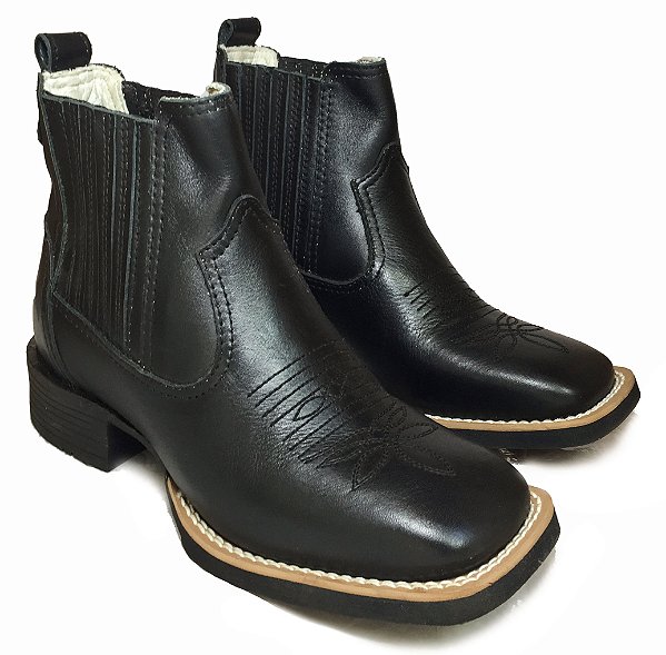 Botina Texana Feminina Preto Sola Preta Bico Quadrado