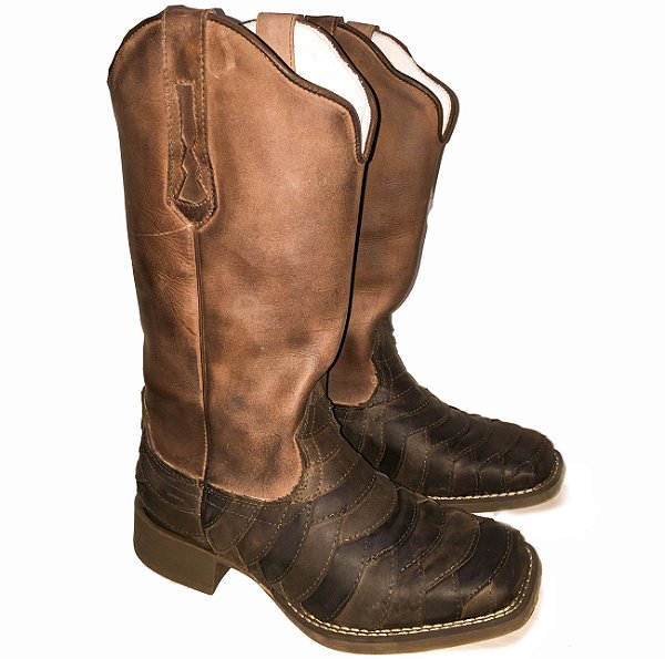 Bota Texana Feminina Escamada Brown Sola Café Bico Quadrado