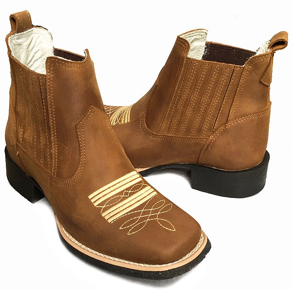 Botina Texana Feminina Camel Sola Preta Bico Quadrado
