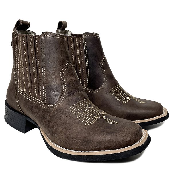 Botina Texana Feminina Crazy Horse Sola Preta Bico Quadrado