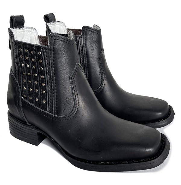 Botina Texana Feminina Fossil Preto Strass Sola Preta Bico Quadrado