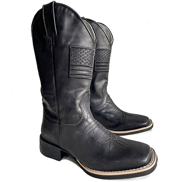Bota Texana Feminina Fossil Preto Band Americana Sola Preta Bico Quadrado