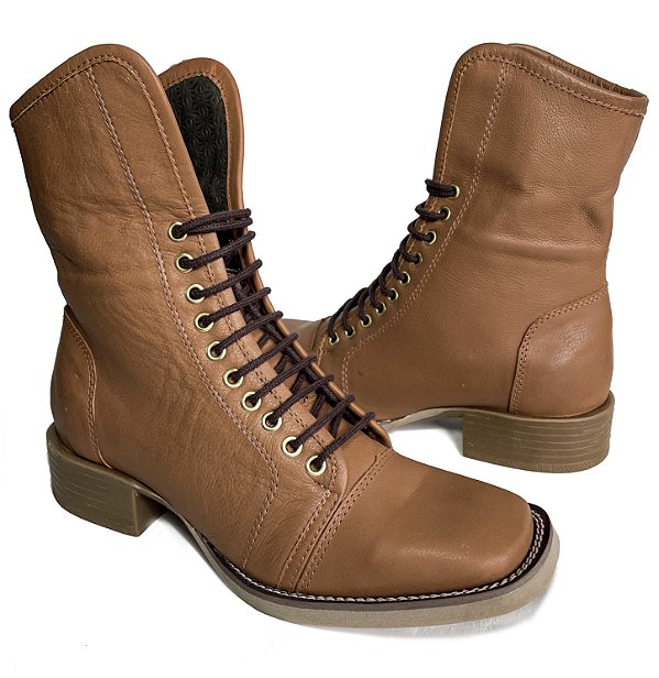 Bota Coturno Country Cano Dobrável Brandy Sola Café Bico Quadrado