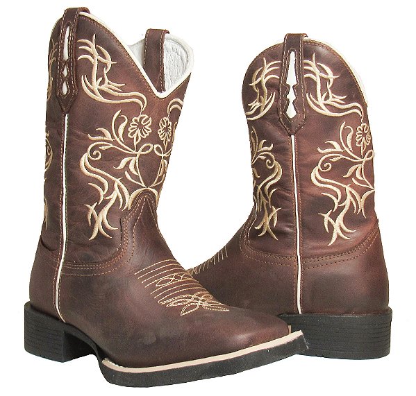 Bota Texana Feminina Brown Trib Sola Preta Bico Quadrado