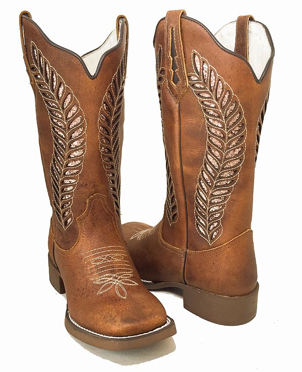 Bota Texana Feminina Laser Sola Marrom Bico Quadrado