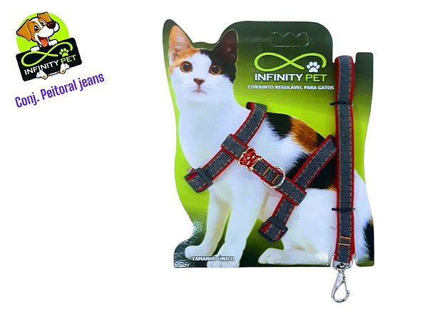 Conjunto Peitoral Jeans Regulável Com Guia Para Gatos