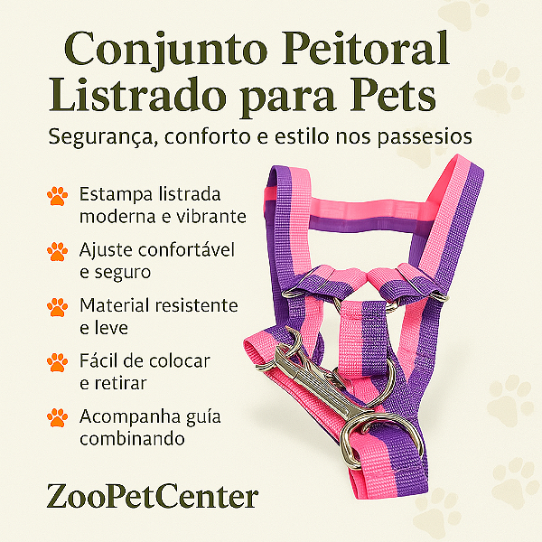Conjunto Peitoral Regulável Listrado Com Guia Para Cachorro