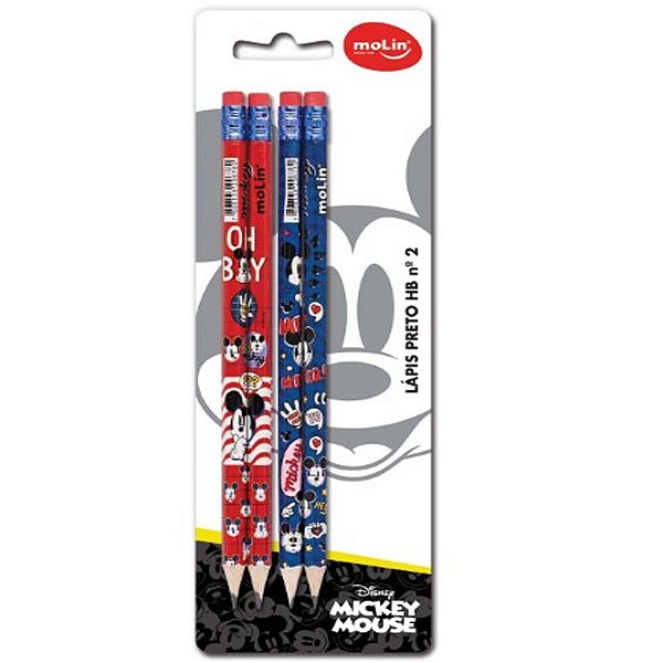 Lápis Preto MOLIN Mickey HB Nº2 Com Borracha 4 Unds Sortidos