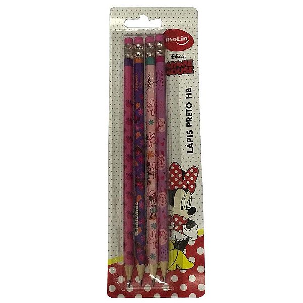 Lápis Preto MOLIN Minnie Mouse HB Nº2 Com Borracha 4 Unds Sortidos