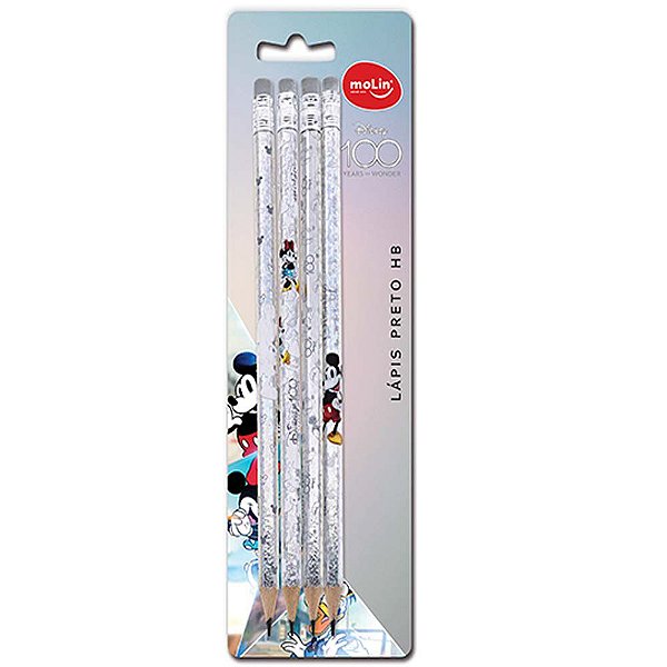 Lápis Preto MOLIN Disney 100 Anos HB Nº2 Com Borracha 4 Unds Sortidos