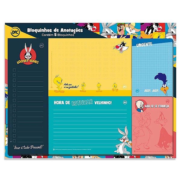 Bloquinhos De Anotações Looney Tunes Com 5 Modelos - 20 Fls Cada DAC