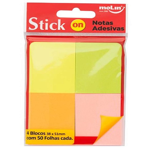 Blocos De Notas Adesivas Neon Cores 38mm x 51mm C/ 50 Fls Cada Molin