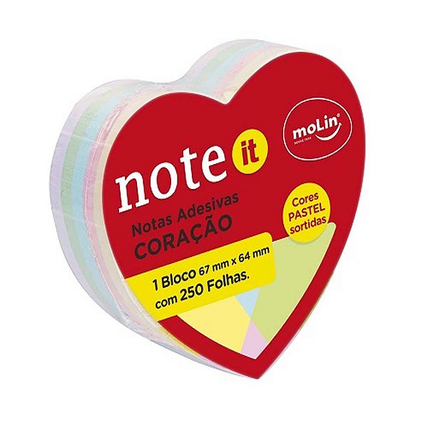Bloco De Notas Adesivas Coração Cores 67mm x 64mm C/ 250 Fls Molin