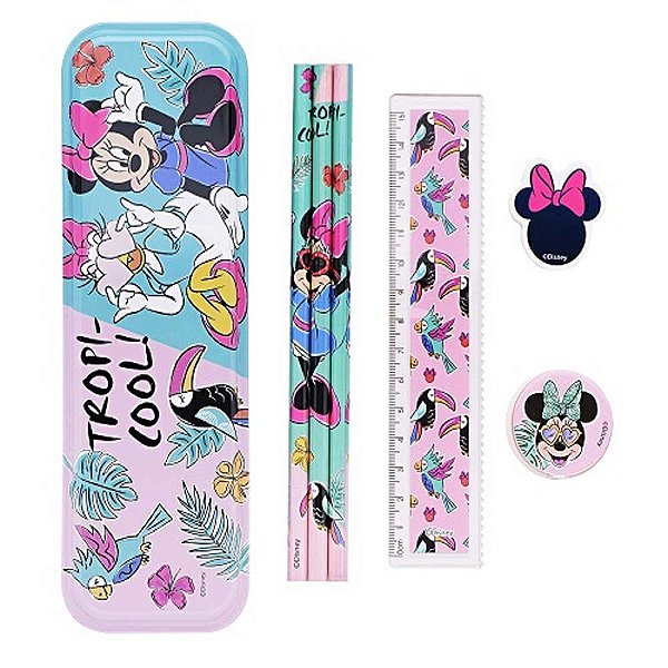 Kit Escolar Tropical Minnie Mouse Estojo / Lápis / Régua / Apontador / Borracha Molin