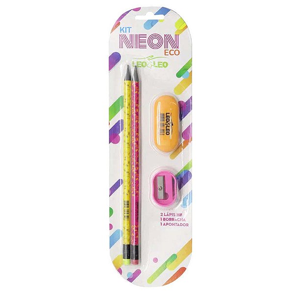 Kit Escolar Neon Eco 2 Lápis HB / Borracha / Apontador LeoeLeo