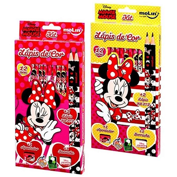 Kit Lápis de Cor Minnie Mouse Caixa Com 12 Cores / 2 Lápis HB / Apontador / Borracha Molin - Cada