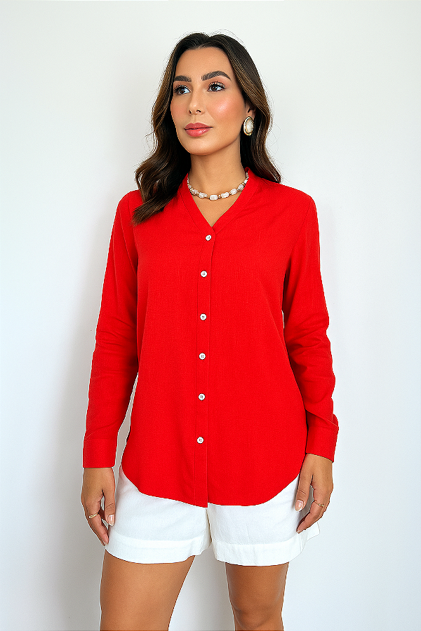 CAMISA FEMININA GOLA V EM VISCOLINHO VERMELHO