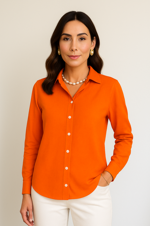 CAMISA FEMININA OVERSIZED GOLA TRADICIONAL EM VISCOLINHO LARANJA