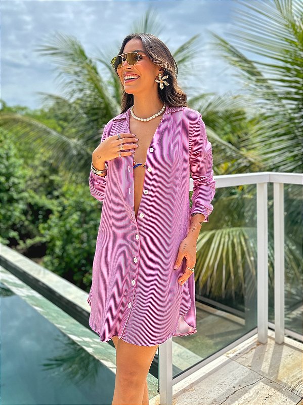 CHEMISE PRAIA MANGA LONGA LISTRADA FUCSIA