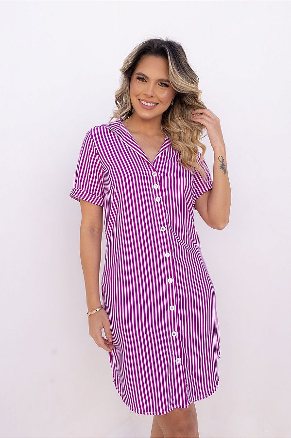 CHEMISE ABERTA MANGA CURTA LISTRADA FUCSIA