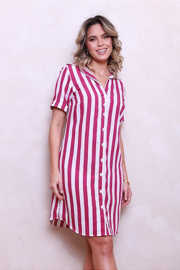 CHEMISE ABERTA MANGA CURTA LISTRADA FUCSIA