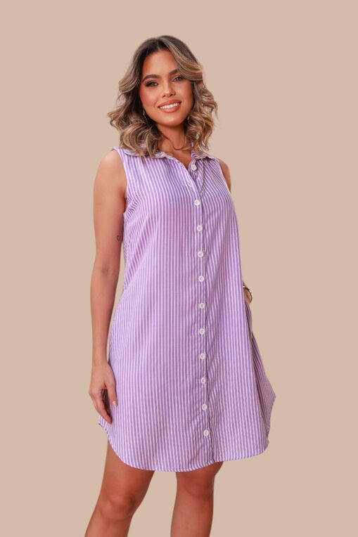 CHEMISE ABERTA SEM MANGA LISTRADA LAVANDA