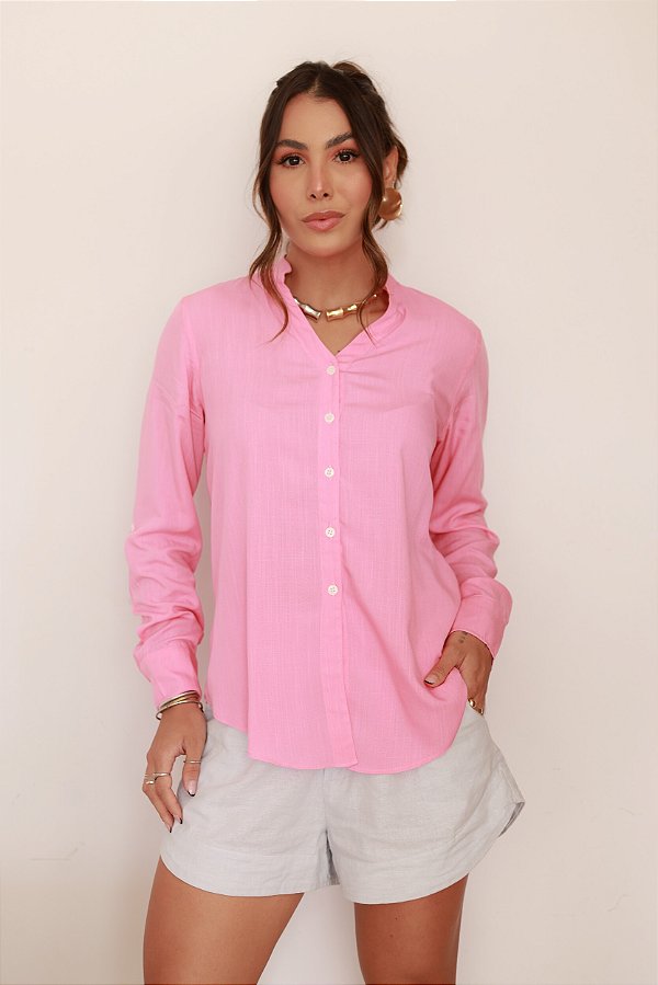 CAMISA FEMININA GOLA V EM VISCOLINHO ROSA PRIMAVERA