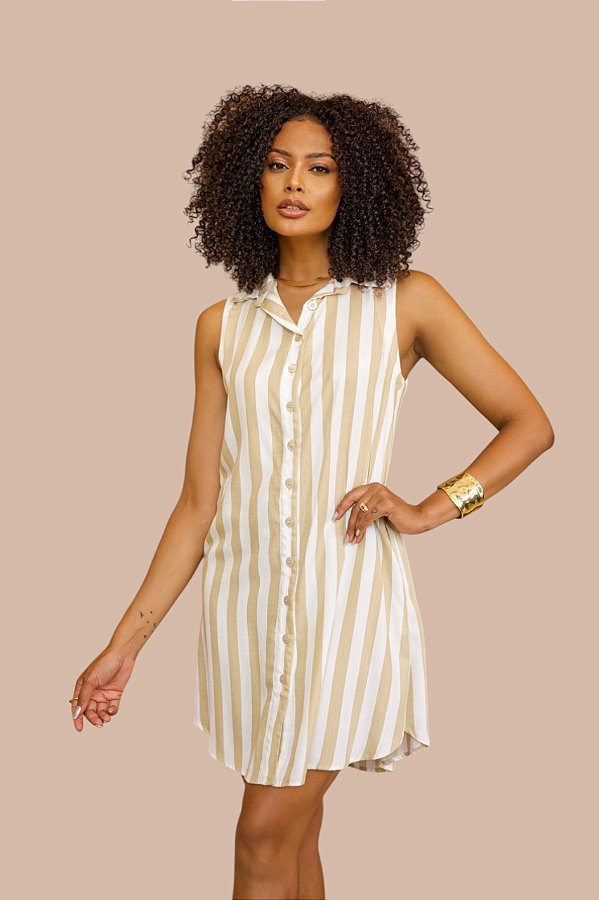 CHEMISE ABERTA SEM MANGA LISTRADO AREIA