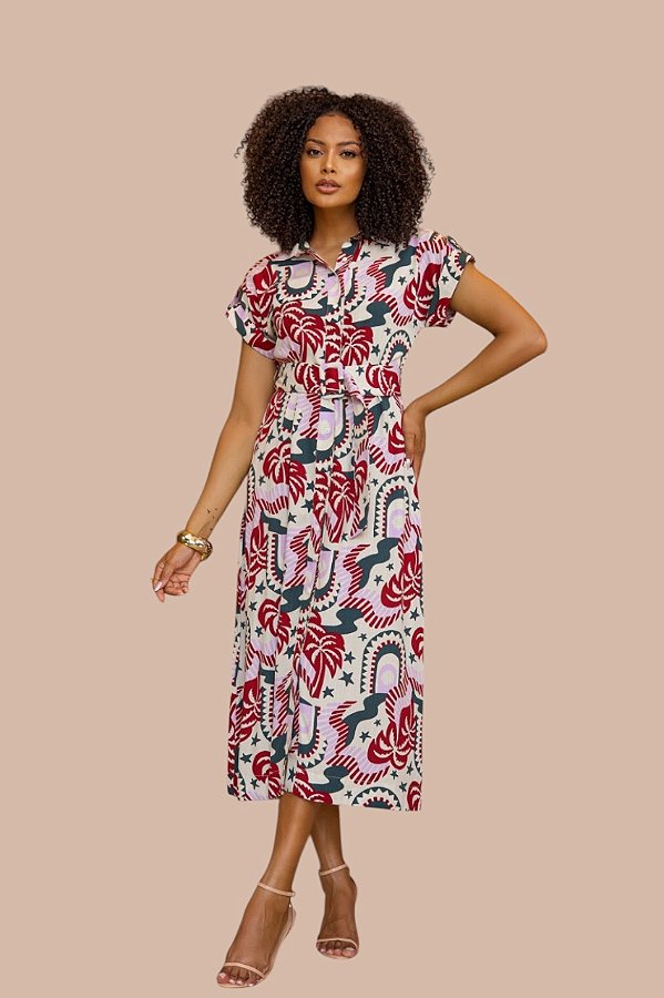 CHEMISE MIDI MANGA CURTA ESTAMPA JARDIM TROPICÁLIA