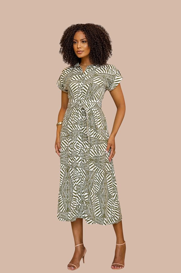 CHEMISE MIDI MANGA CURTA ESTAMPA FOLHAGEM GRÁFICA