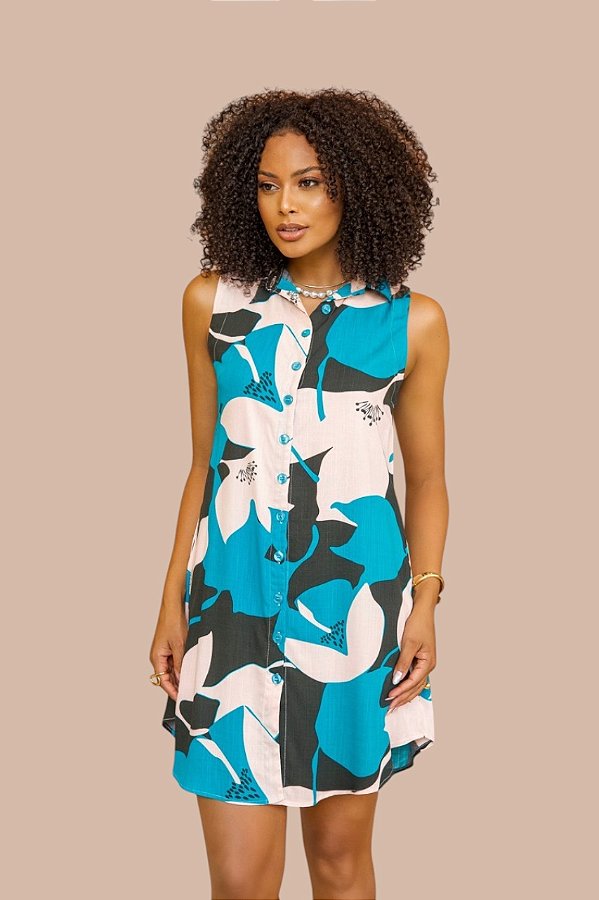 CHEMISE ABERTA SEM MANGA ESTAMPA JARDIM TURQUESA