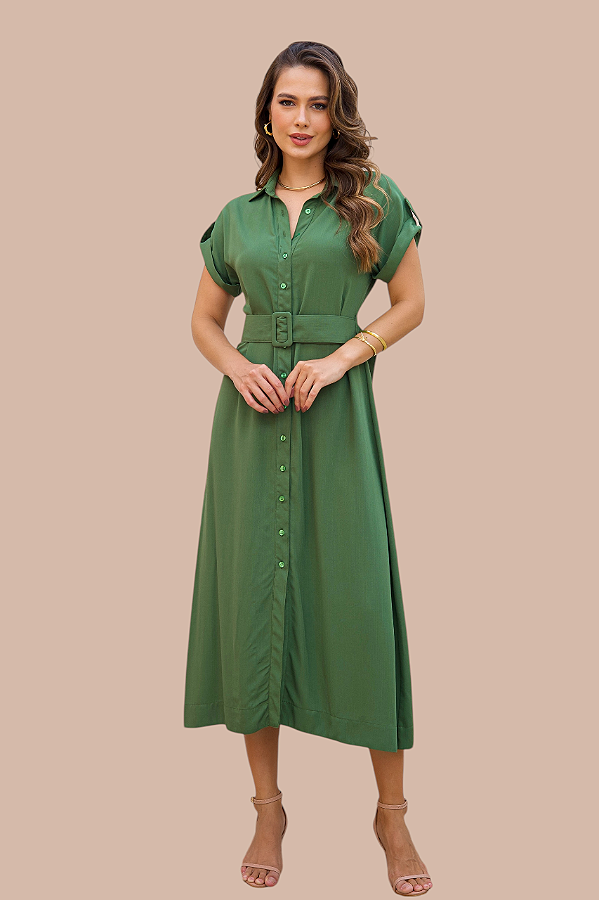 CHEMISE MIDI MANGA CURTA VERDE OLIVA