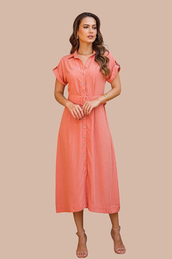 CHEMISE MIDI MANGA CURTA ROSA SALMÃO