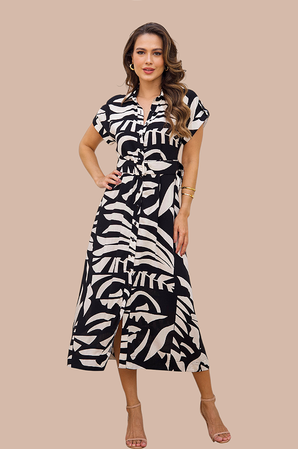 CHEMISE MIDI MANGA CURTA ESTAMPA FRAGMENTOS