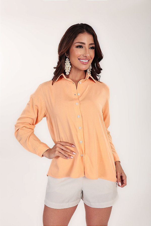 Camisa Feminina Oversized Gola Tradicional em Viscolinho cor Laranja Baby