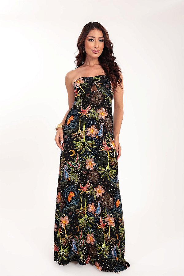Vestido longo Aura Tomara que Caia estampa Mistic Garden