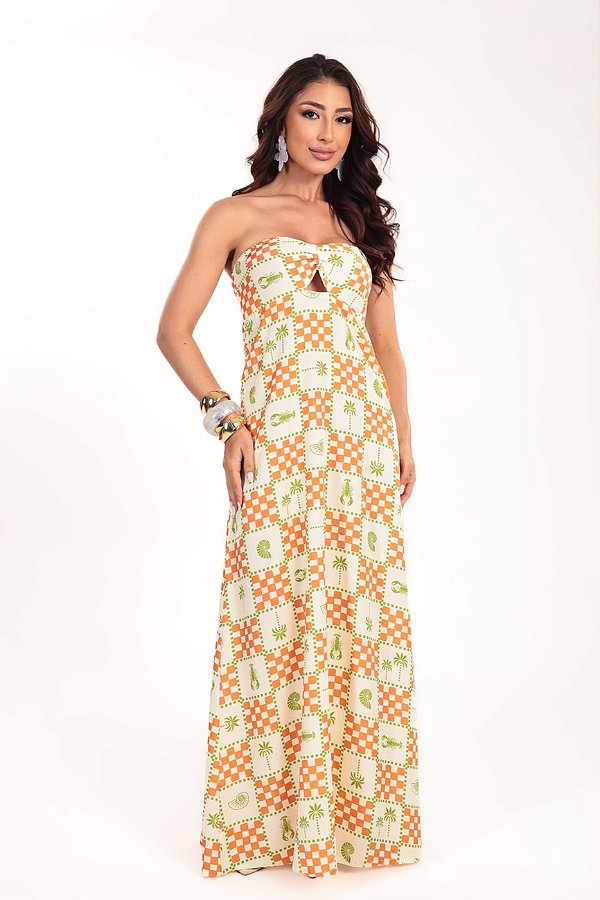 Vestido longo Aura Tomara que Caia estampa Tropical Chess