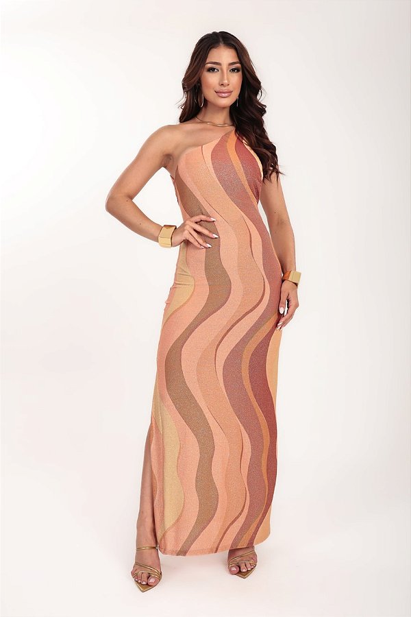 Vestido longo Fenda Lurex estampa Golden Flow